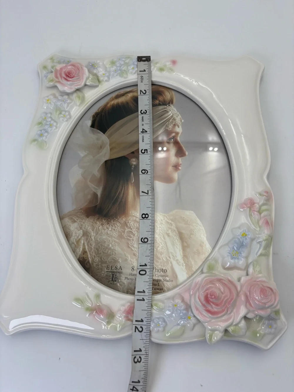 Gorgeous Vintage ELSA White Ceramic Picture Frame with Pink Rose Accents - 8x10